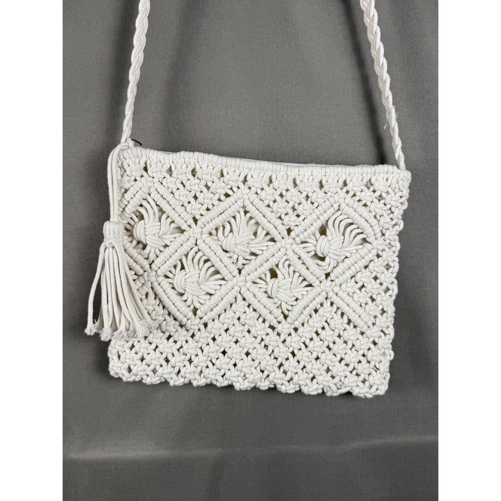 Unbranded Macrame Crossbody Bag Women Small Cream Boho Tassel Zipper Knit